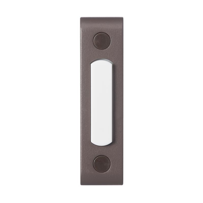 Emery Jensen door button labeled "DOORBLL WIRE PB SURF CPR" mounted on a door, showcasing its design and branding.