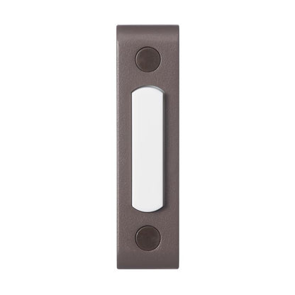 Emery Jensen door button labeled "DOORBLL WIRE PB SURF CPR" mounted on a door, showcasing its design and branding.