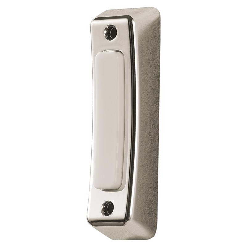 Emery Jensen PushButton doorbell with sleek silver finish, mounted on a modern exterior door.