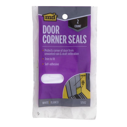 White 2-inch door corner seals from Emery Jensen for weatherproofing doors and windows.