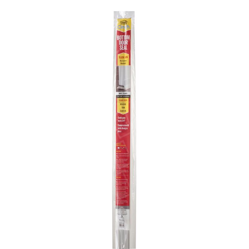 Emery Jensen 36-inch white door seal weatherstrip attached to a door, providing insulation and sealing gaps for energy efficiency.