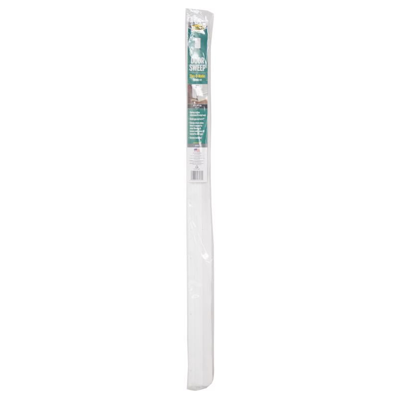 White 36-inch Emery Jensen door sweep weatherstrip installed at the bottom of a door to block drafts and prevent air leaks.