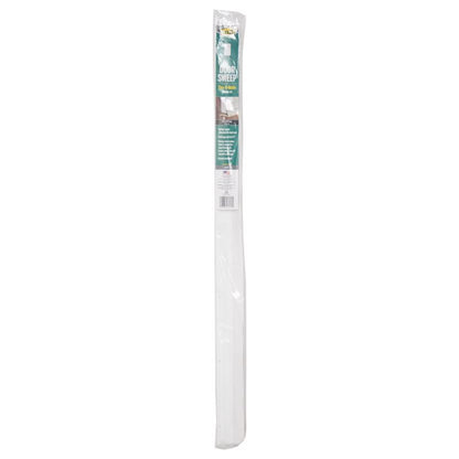 White 36-inch Emery Jensen door sweep weatherstrip installed at the bottom of a door to block drafts and prevent air leaks.