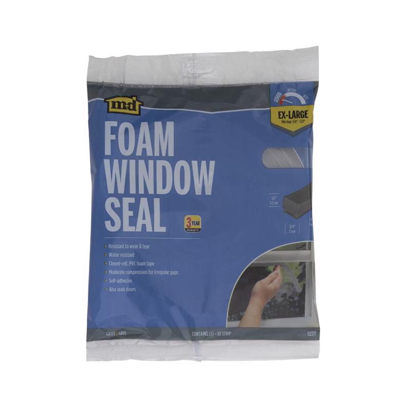 Gray foam tape weatherstrip for doors and windows, 1/2 inch by 3/4 inch by 10 feet, from Emery Jensen.