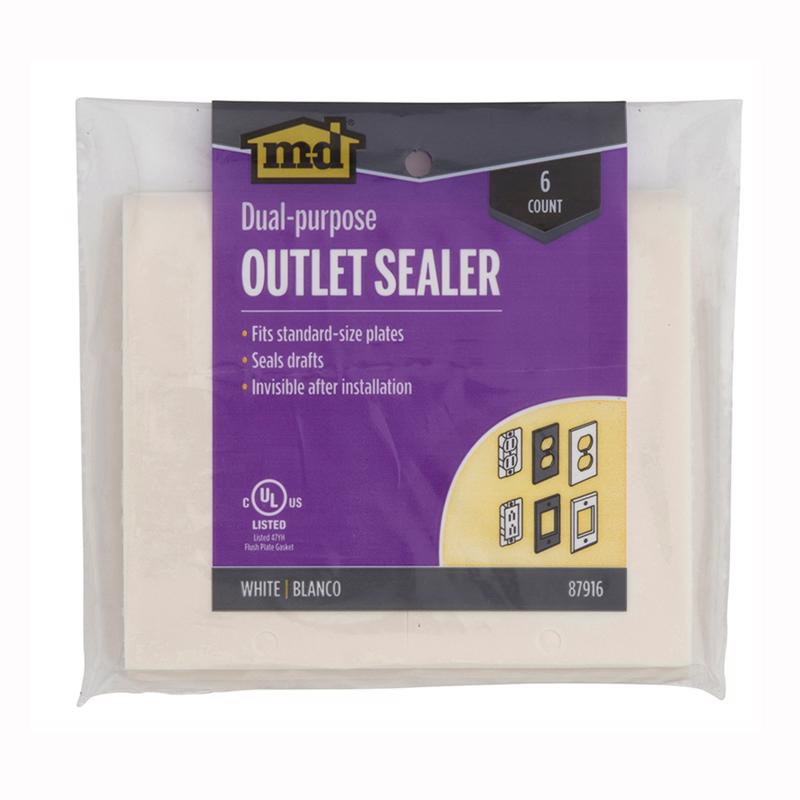 Emery Jensen outlet plate sealer kit with six weatherstrip seals for doors and windows to prevent drafts and improve insulation.