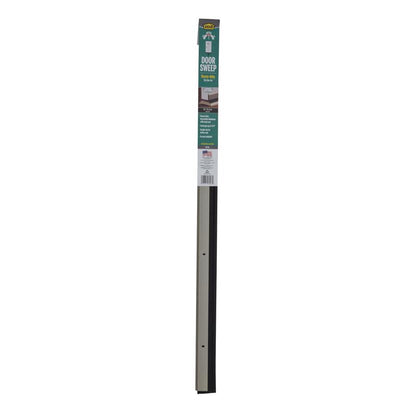Satin nickel door and window weatherstrip by Emery Jensen, 36 inches long, for sealing gaps and improving insulation.