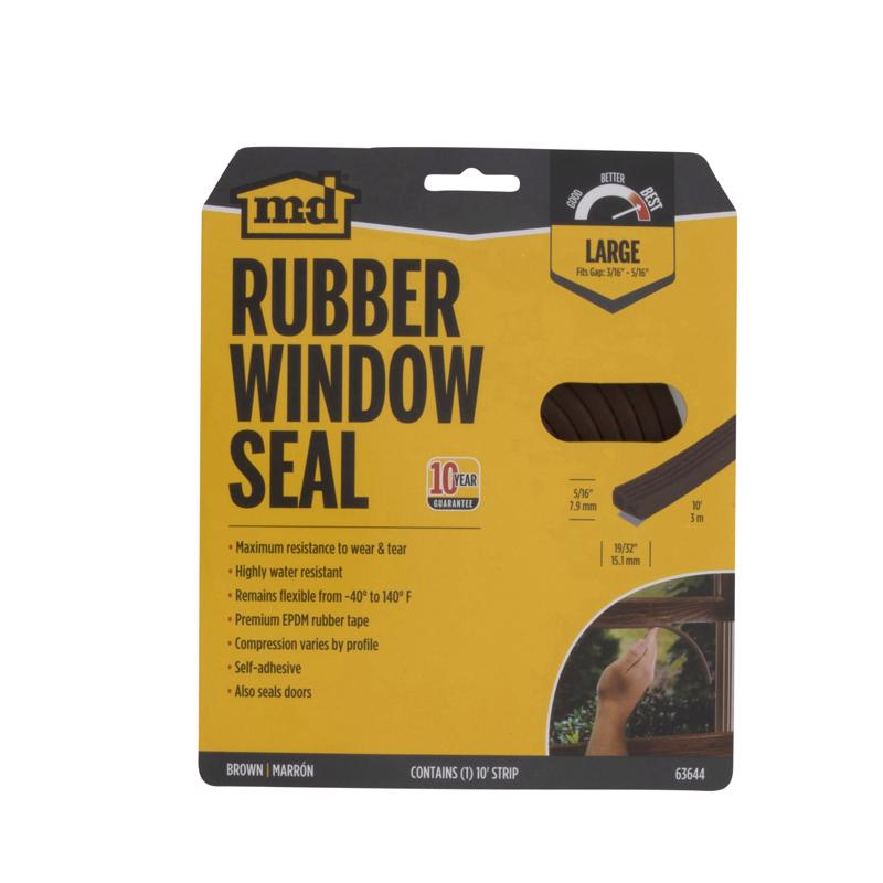 Brown Emery Jensen 10-foot door and window weatherstrip showing the flexible seal material on a white background.