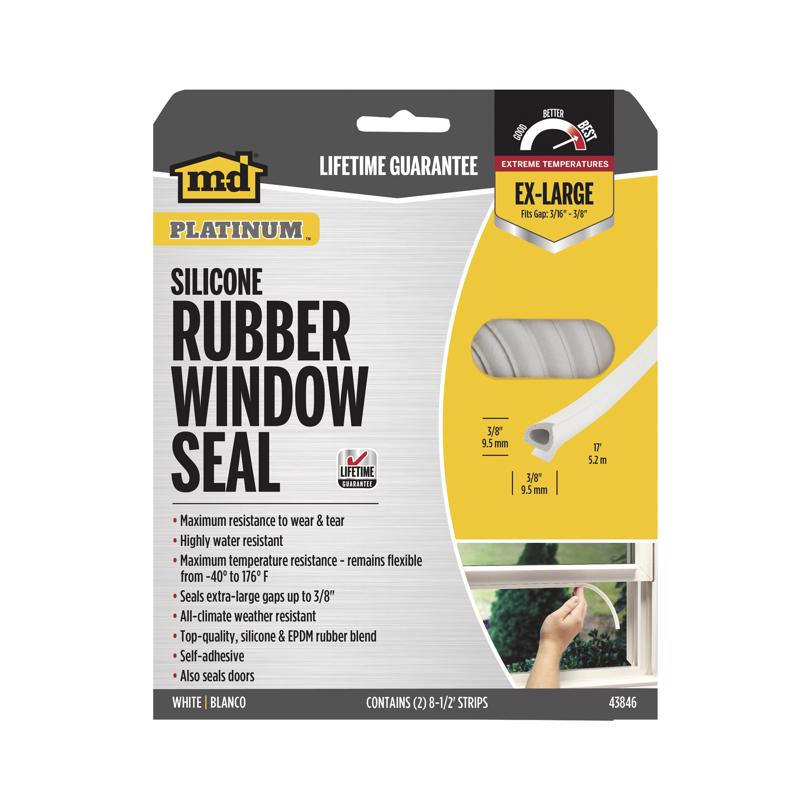 White 17-inch Emery Jensen door and window weatherstrip for sealing gaps and preventing drafts.
