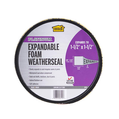 Emery Jensen black 1.5-inch door and window weatherstrip tape installed on a door frame for sealing and insulation.