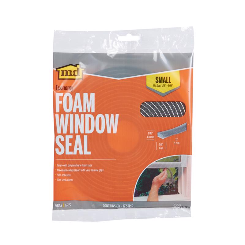 Gray foam weatherstrip tape for doors and windows, Emery Jensen weatherstripping product, designed to seal gaps and improve insulation.