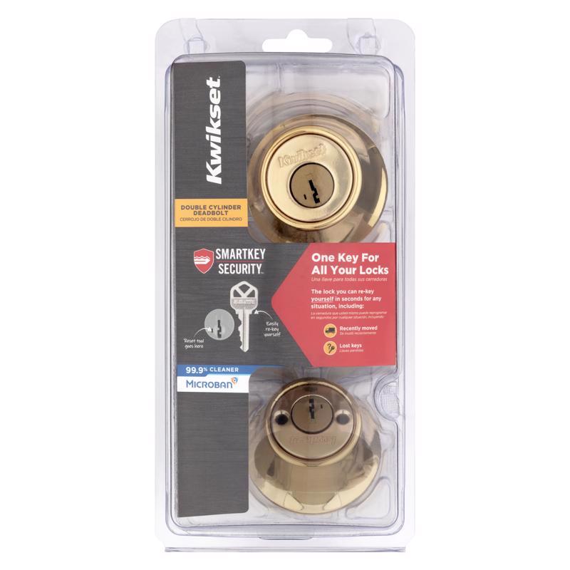 Emery Jensen double cylinder deadbolt with P-brass finish, showing the secure locking mechanism and keyholes on both sides.
