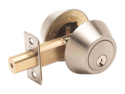Emery Jensen double cylinder deadbolt US32D with keyholes on both sides, installed on a door for enhanced security.