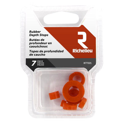 Set of seven plastic doweling accessories from Emery Jensen DRLL STP SET for woodworking and furniture assembly.