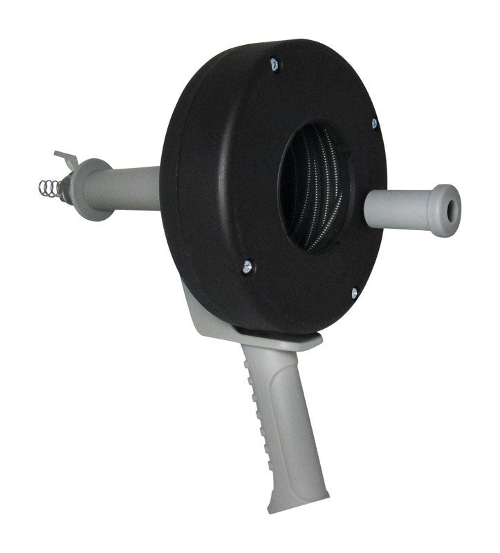 Emery Jensen 1/4" x 25' pistol grip drain auger for clearing clogs in pipes and drains.