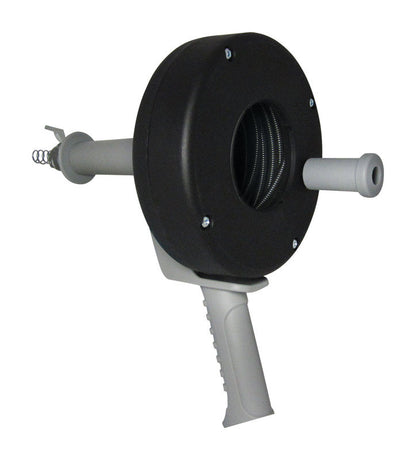 Emery Jensen 1/4" x 25' pistol grip drain auger for clearing clogs in pipes and drains.