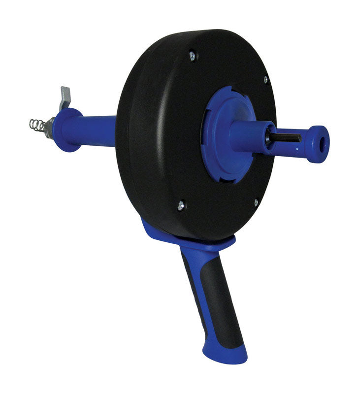 Emery Jensen 1/4" x 25' drain auger for clearing clogged drains, with a durable metal auger and ergonomic handle.