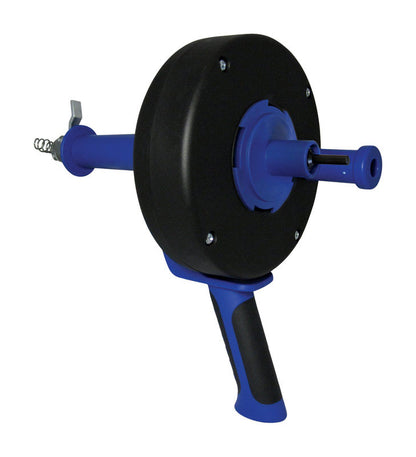Emery Jensen 1/4" x 25' drain auger for clearing clogged drains, with a durable metal auger and ergonomic handle.