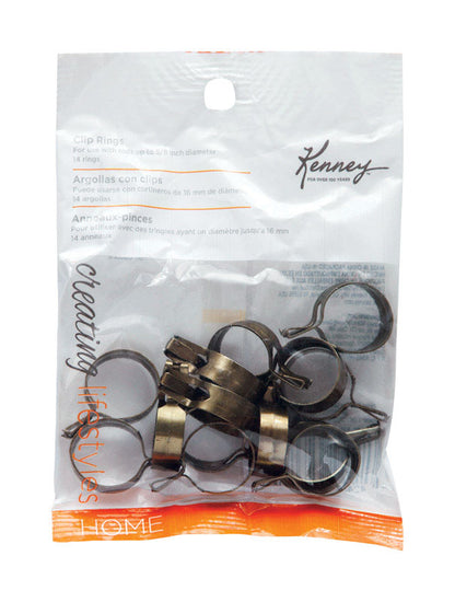 Set of 14 bronze clip rings for drapery accessories by Emery Jensen, 3/4 inch size for curtain hanging and window treatments.