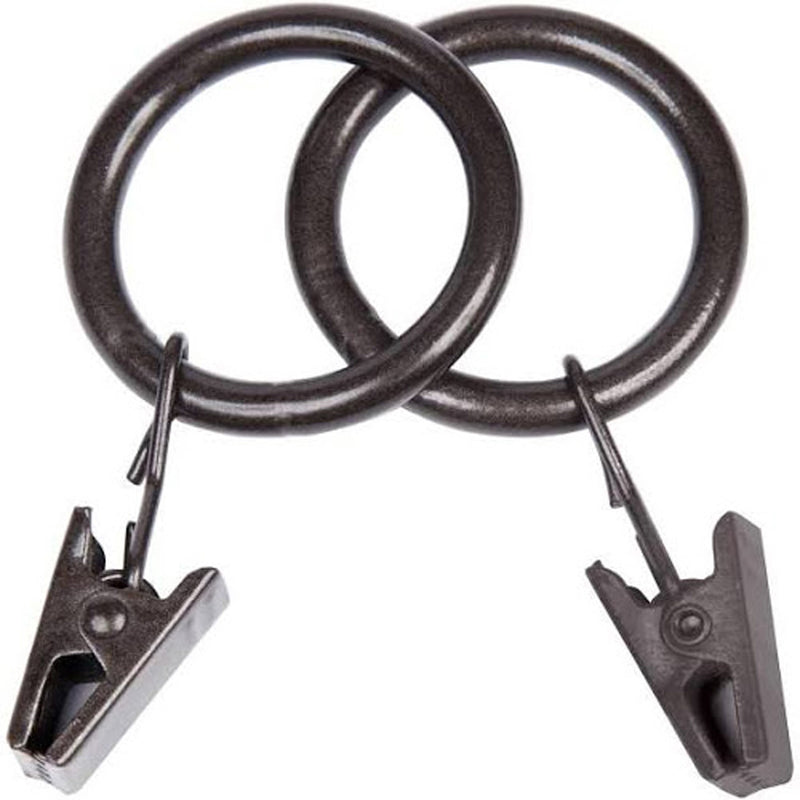 Set of 14 Emery Jensen dark brown clip rings for drapery accessories, used to hang curtains and window treatments.