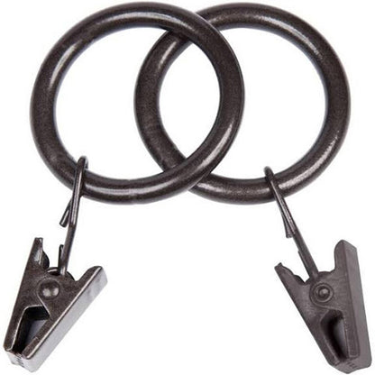 Set of 14 Emery Jensen dark brown clip rings for drapery accessories, used to hang curtains and window treatments.