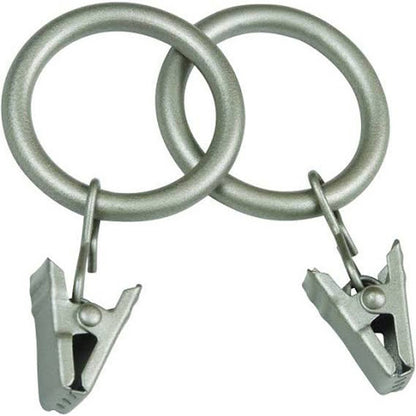 Set of 14 pewter clip rings for drapery accessories by Emery Jensen, shown attached to curtains and curtain rod.