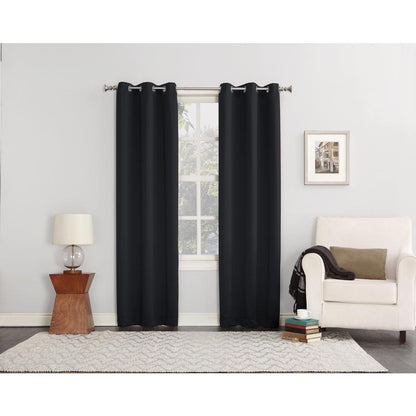 Black Norwich curtain drapery pair by Emery Jensen, showing the fabric and window setup with the curtains hanging in a home interior.