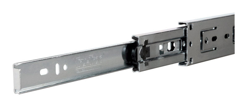 Emery Jensen 22-inch drawer slide 100# ZC, metal roller for smooth drawer movement, mounted on a wooden drawer.