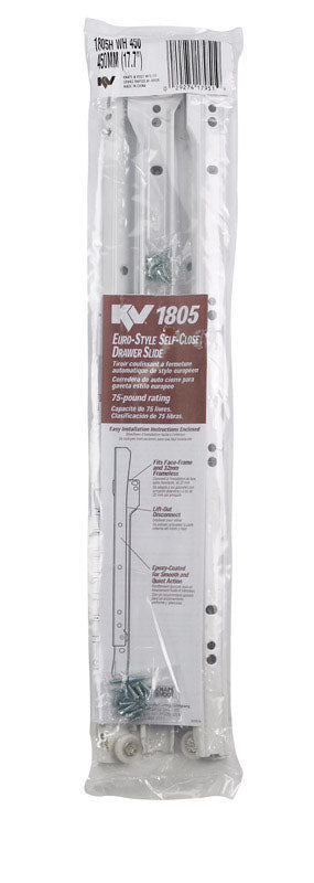 Emery Jensen Euro 450mm white drawer slide, metal roller mechanism for smooth drawer opening and closing.