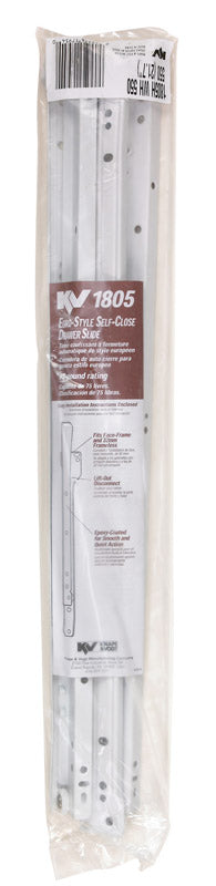 Emery Jensen Euro 550mm white drawer slide, metal roller mechanism for smooth drawer operation, shown mounted inside a drawer.