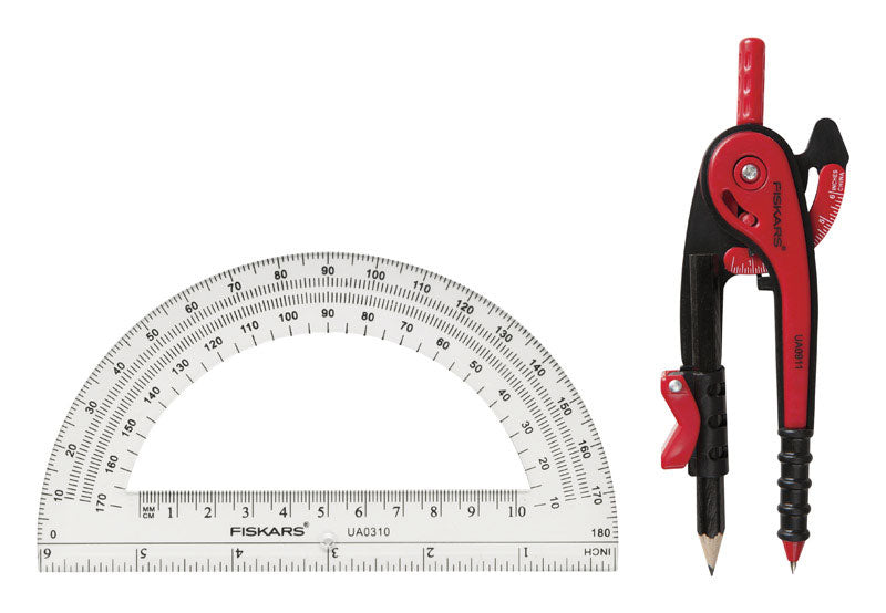 Emery Jensen compass protractor set with drawing aids, including a metal compass and adjustable protractor for precise measurements.