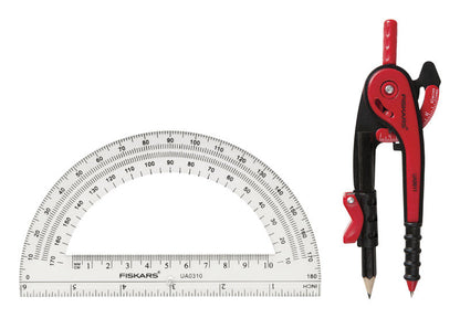 Emery Jensen compass protractor set with drawing aids, including a metal compass and adjustable protractor for precise measurements.