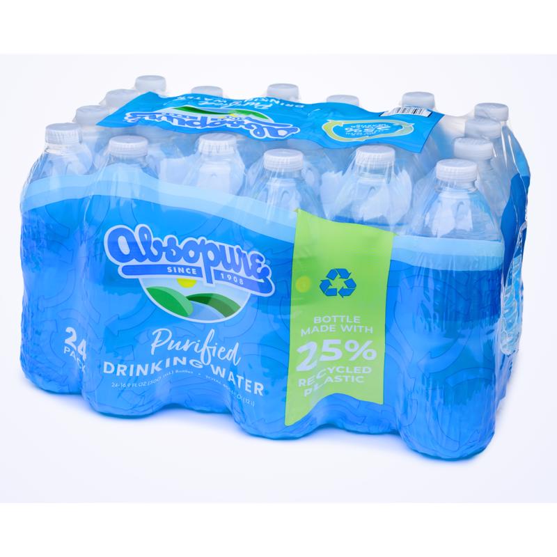 Emery Jensen BLT Water PRF 24-pack drinking water bottles, clear plastic bottles with blue caps, arranged in a row.