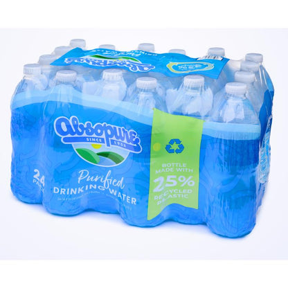 Emery Jensen BLT Water PRF 24-pack drinking water bottles, clear plastic bottles with blue caps, arranged in a row.