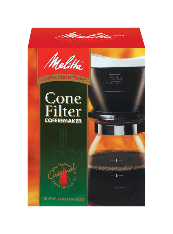 Emery Jensen drip coffee maker for 6-10 cups with glass carafe, black and silver finish, and control panel on top.