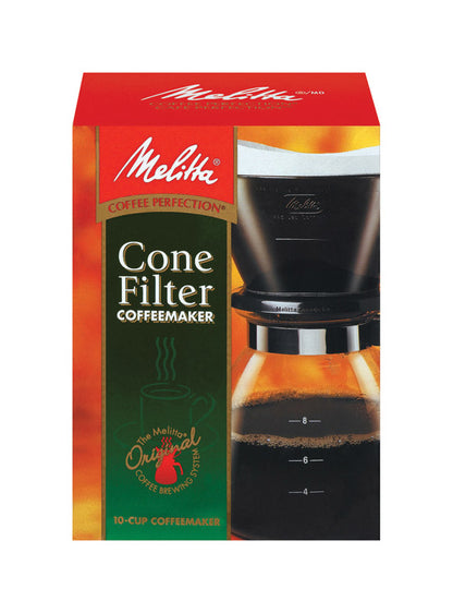 Emery Jensen drip coffee maker for 6-10 cups with glass carafe, black and silver finish, and control panel on top.