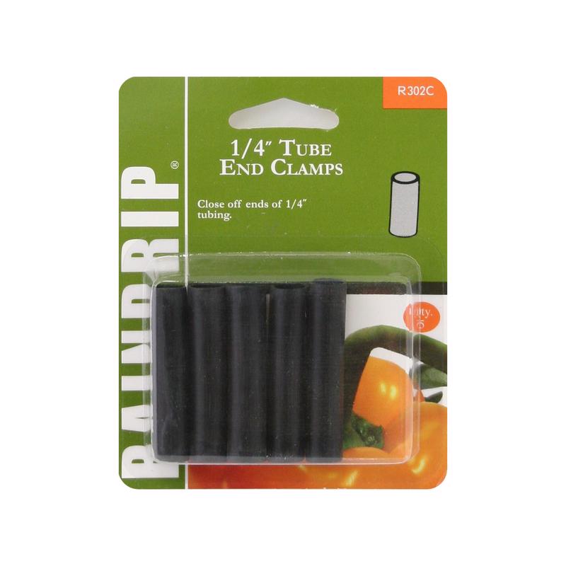 Clamp end tube for drip irrigation, 1/4 inch BG10 by Emery Jensen, shown attached to irrigation tubing for watering systems.