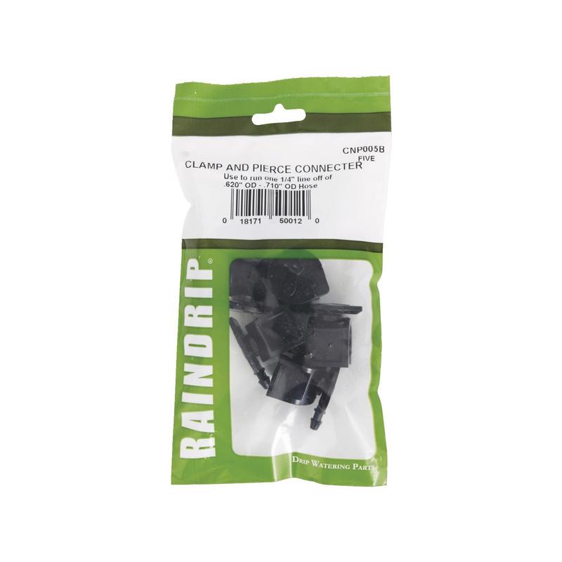 Set of five Emery Jensen Clamp N Pierce drip irrigation connectors for efficient garden watering systems.