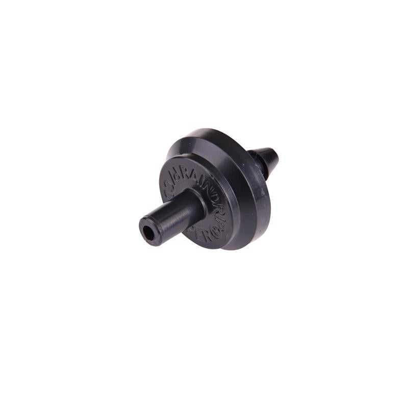 Emery Jensen DRIPPR PRS COMP1GPH BG25 drip irrigation product, close-up view of the compact drip emitter and tubing connection