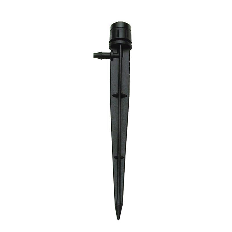 Emery Jensen half circle bubbler drip irrigation product with a black plastic nozzle and curved design for watering plants.