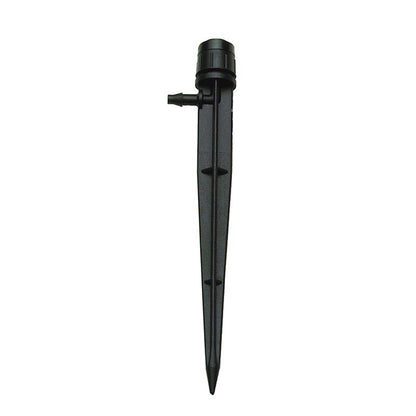 Emery Jensen half circle bubbler drip irrigation product with a black plastic nozzle and curved design for watering plants.