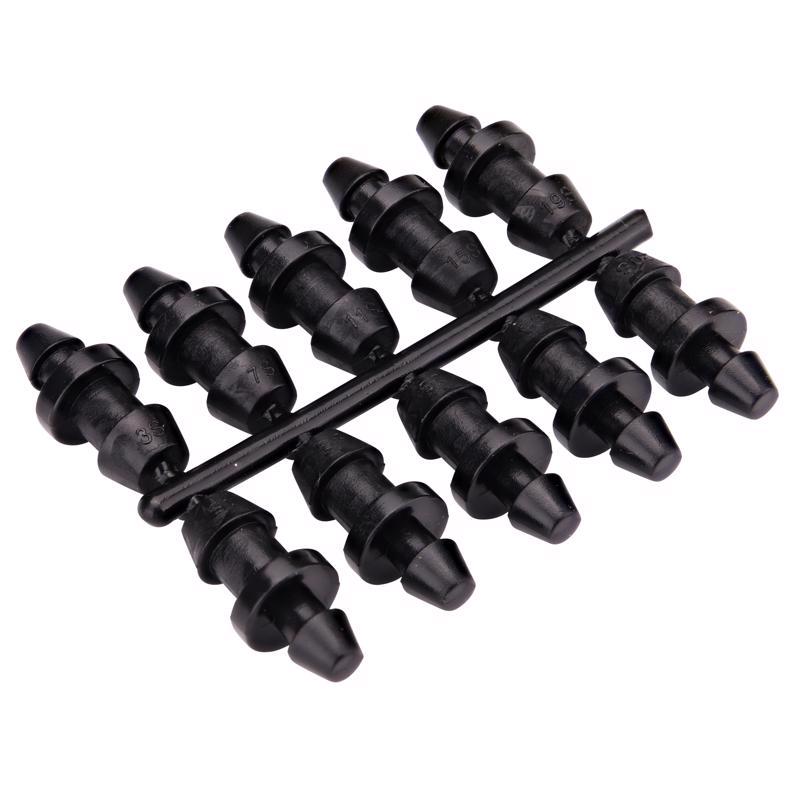 Set of 10 Emery Jensen hole plugs for drip irrigation systems, used to seal and connect irrigation tubing.