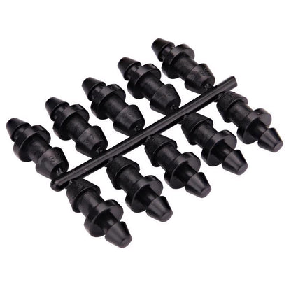 Set of 10 Emery Jensen hole plugs for drip irrigation systems, used to seal and connect irrigation tubing.