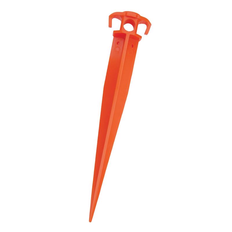 Emery Jensen 11-inch landscape drip irrigation stake made of durable plastic, used for secure placement of drip hoses in gardens.