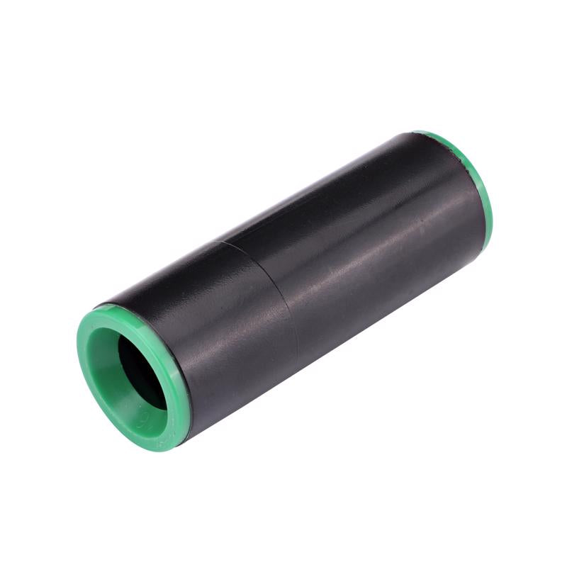Black RDC coupler from Emery Jensen for drip irrigation, 5/8 inch to 1/2 inch connection, durable plastic fitting.
