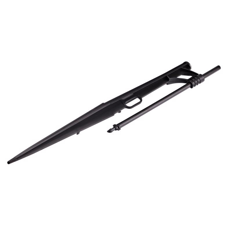 Emery Jensen drip irrigation stake with 13-inch height and 8-inch riser, shown with two stakes for garden watering systems.