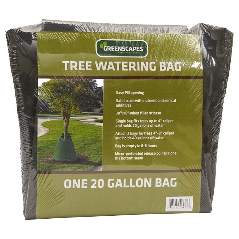 Emery Jensen Tree Water Bag 20G for drip irrigation, shown filled with water on a tree trunk for efficient watering.