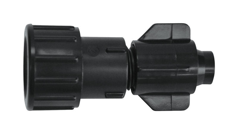 Universal hose end plug for drip irrigation by Emery Jensen, shown in a close-up image of the black plastic fitting.
