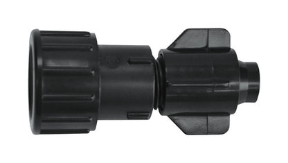 Universal hose end plug for drip irrigation by Emery Jensen, shown in a close-up image of the black plastic fitting.