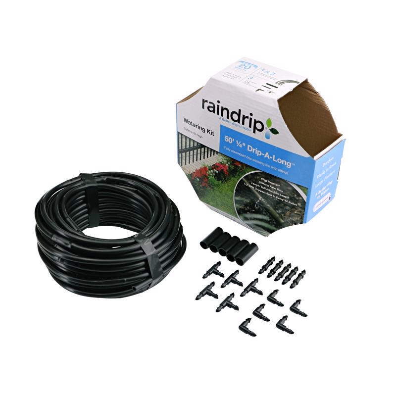 Emery Jensen 50-foot 1/4-inch watering kit for drip irrigation, features hoses and connectors for garden watering systems.