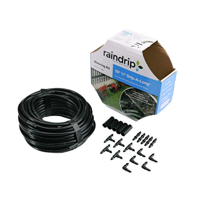 Emery Jensen 50-foot 1/4-inch watering kit for drip irrigation, features hoses and connectors for garden watering systems.